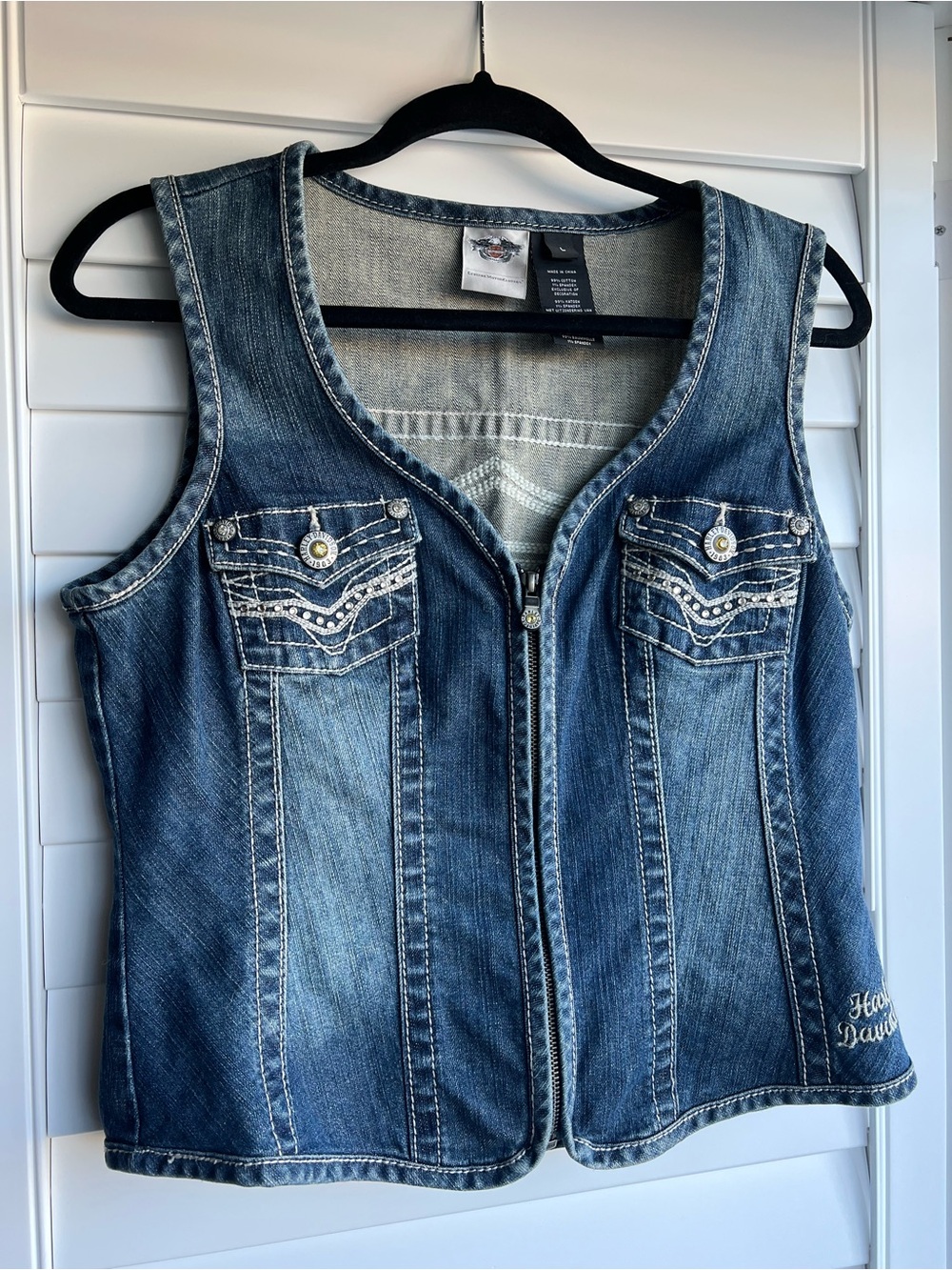 Harley-Davidson Blue Denim Zip-Front Vest with Embellished Pockets